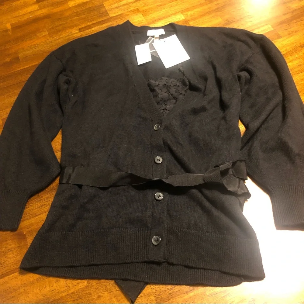 NWT $298 Joie Ferlinka Lace Insert Wrap Sweater Cardigan in Caviar - size XS!